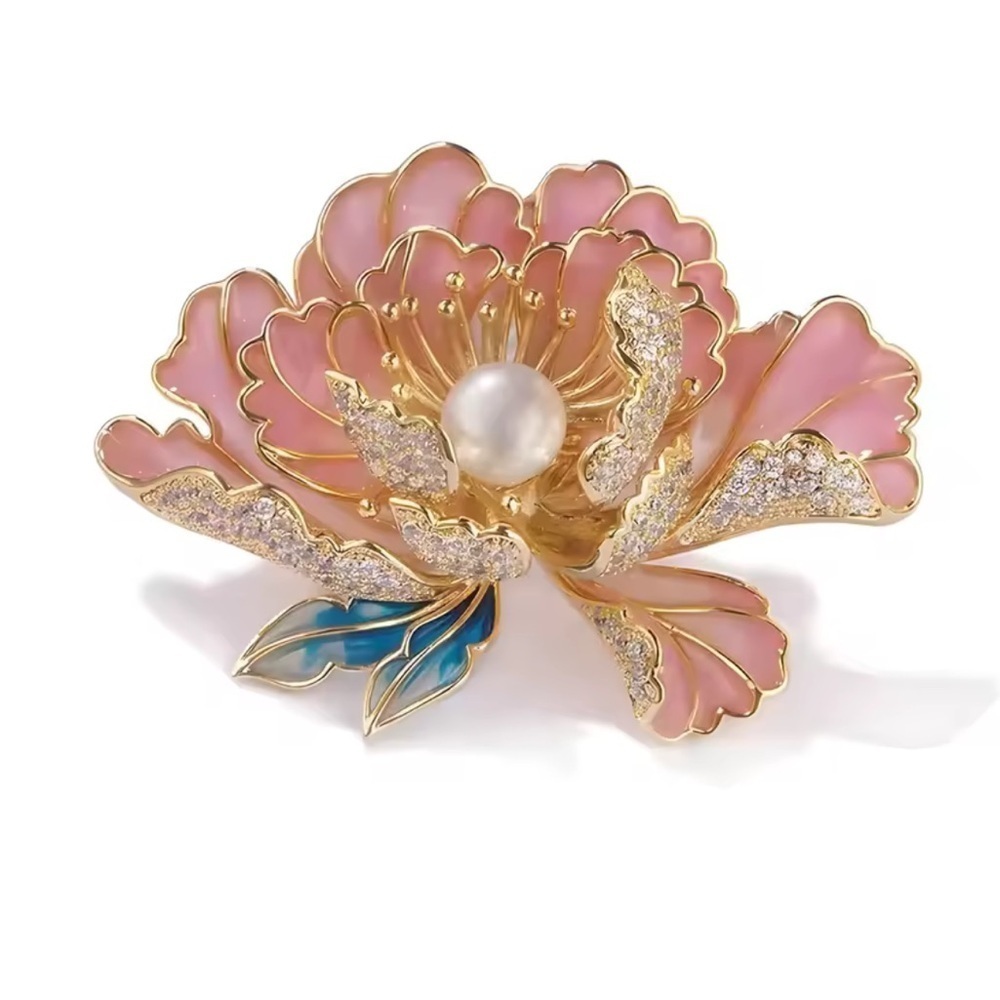 Pink Peony Lustrous Pearl Center Brooch - Picture 9 of 11